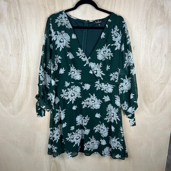 LuLu's Green White Floral Mini Dress XL Long Sleeve Bow Detail Fall - Picture 2 of 7